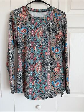 Paisley-Print Long Sleeve Tee in Teal, Pink & Black